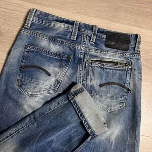 Y2K G Star RAW Attacc Low Straight Jeans Blue Distressed Denim Jeans Size 30
